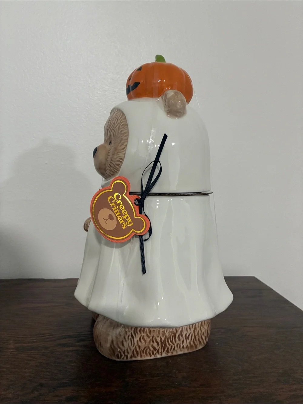 NWT- Halloween Ghost Bear Ceramic Cookie Jar- w/ Jack-o-lantern Pumpkin Handle